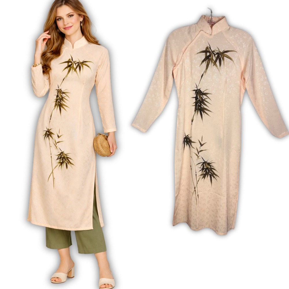Vintage Vietnamese Ao Dai Peach Jacquard Hand Painted Bamboo Kimono Dress Small